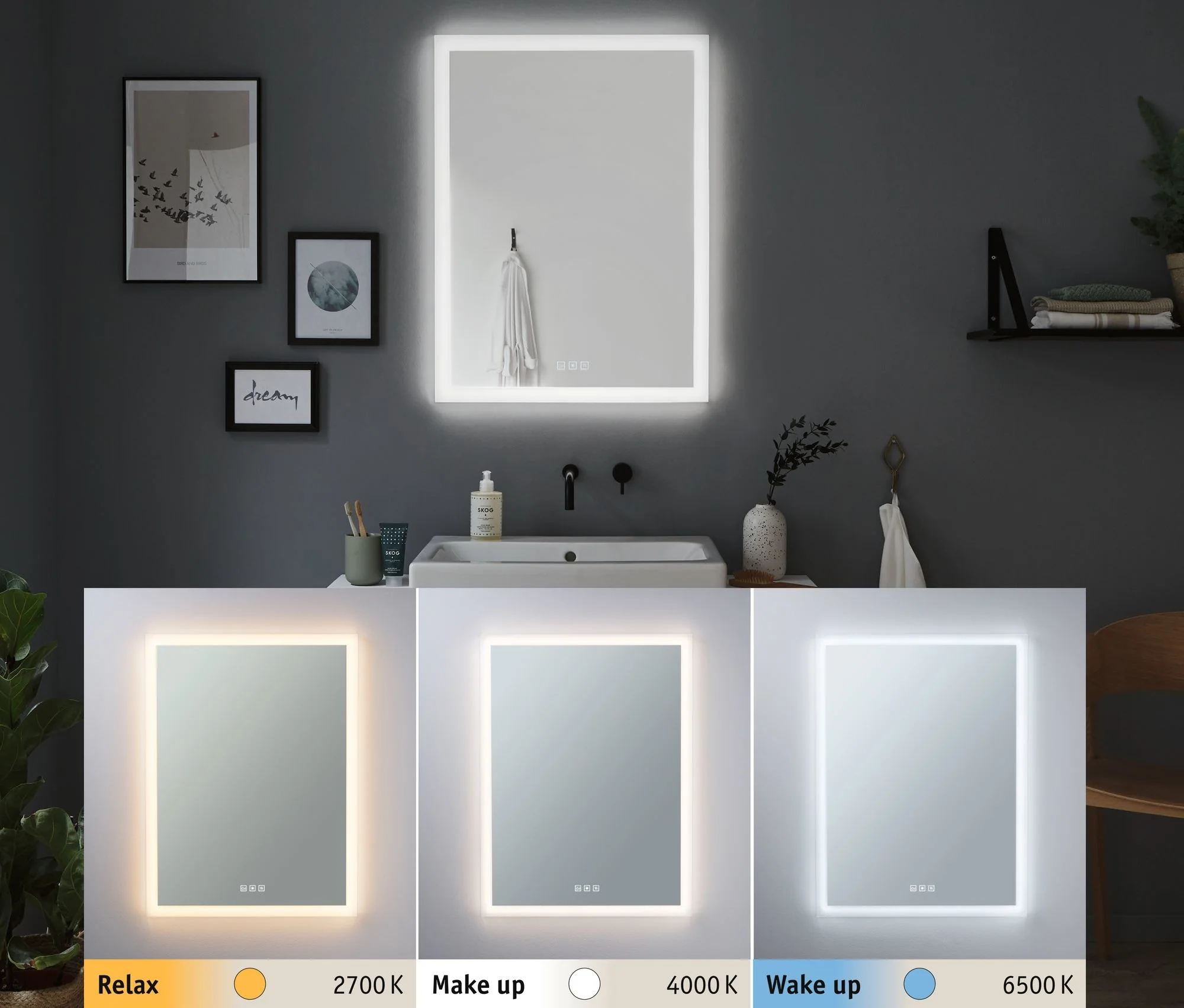 HomeSpa LED Leuchtspiegel Mirra eckig IP44 Spiegel/Weiß 22W WhiteSwitch Spiegelleuchte