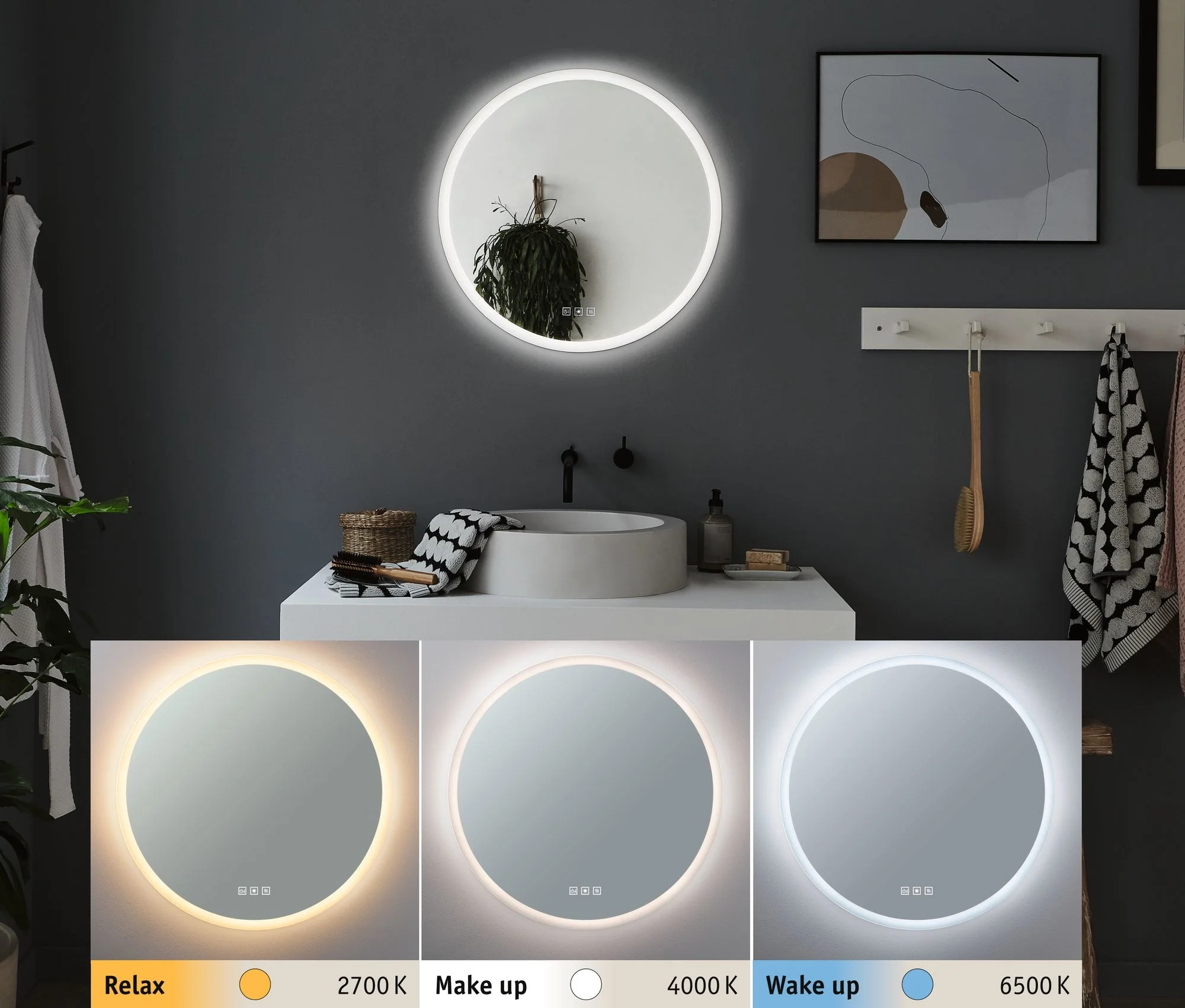 HomeSpa LED Leuchtspiegel Mirra rund IP44 Spiegel/Weiß 21W WhiteSwitch Spiegelleuchte