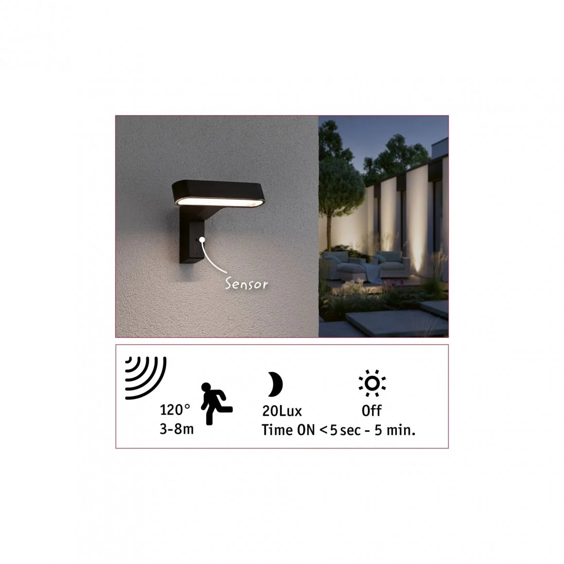 House LED Außenwandleuchte Ito Bewegungsmelder Horizontale Ausrichtung IP44 227x159mm 3000K 6W 450lm 230V 65° Anthrazit Metall/Kunststoff - Image 7