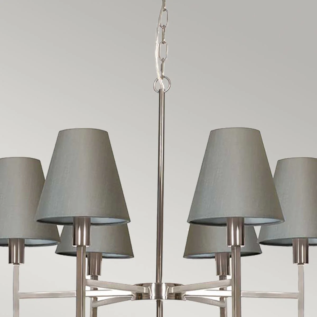 Kronleuchter „Lucerne“ mit 6 Lichtern, gebürstetes Nickel, graue Schirme - Image 2