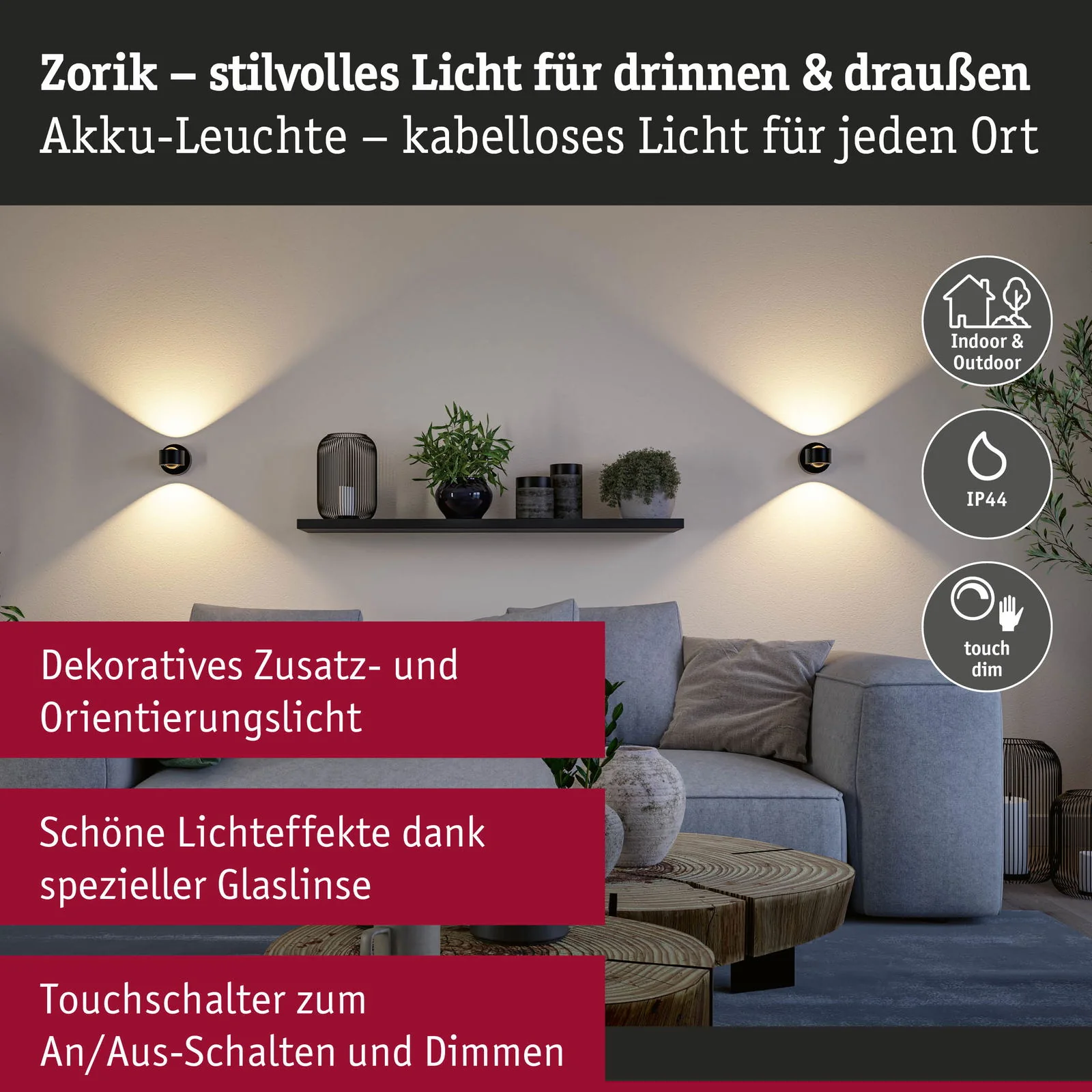 LED Akkuwandleuchte Zorik IP44 dimmbar 2700K 100mm 2x1,1W Schwarz - Image 3