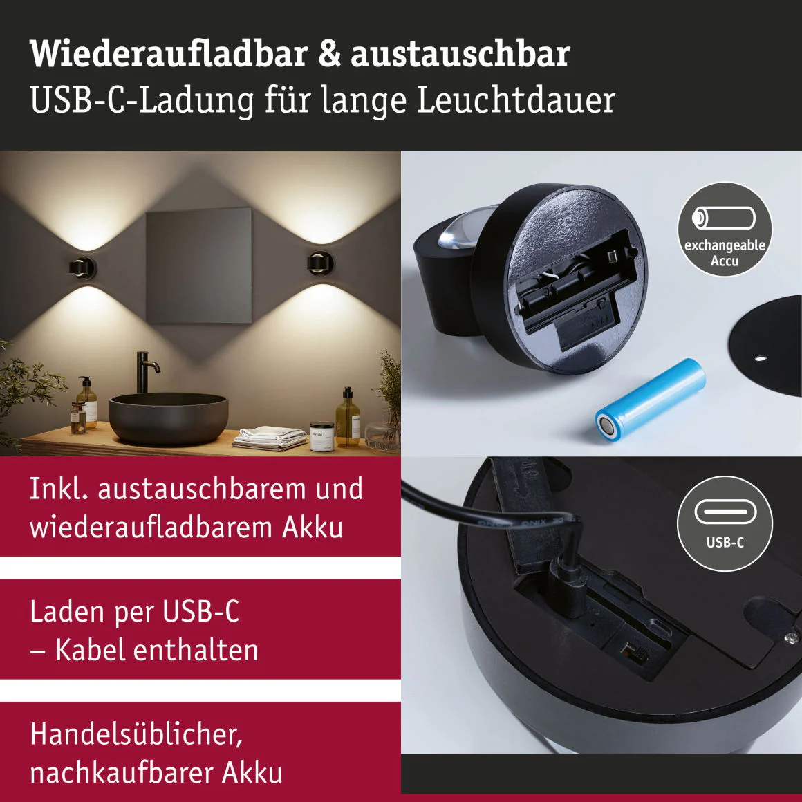 LED Akkuwandleuchte Zorik IP44 dimmbar 2700K 100mm 2x1,1W Schwarz - Image 5