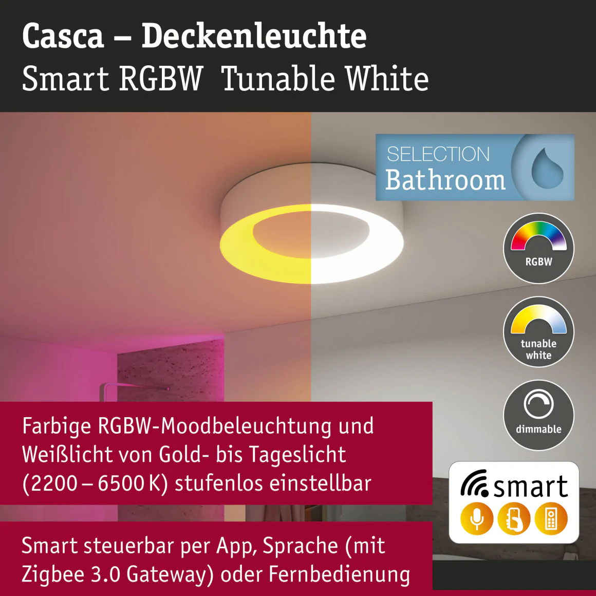 LED Deckenleuchte Smart Home Zigbee 3.0 Casca  IP44 RGBW+ 1750lm 230V 20W dimmbar Weiß matt - Image 3