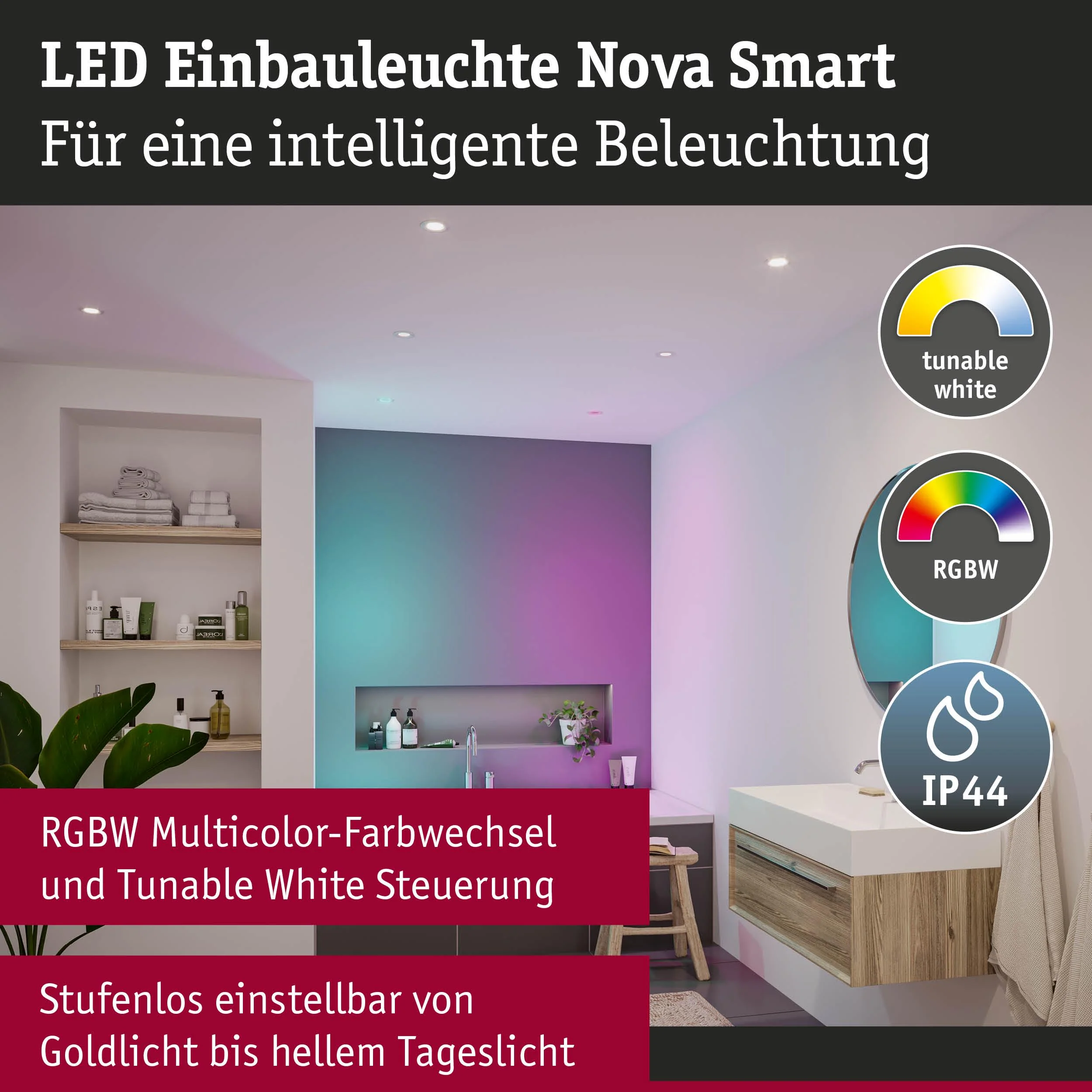 LED Einbauleuchte Nova Coin IP44 rund 78mm RGBW+ 3x6W 3x500lm 230V Weiß matt Aluminium - Image 3