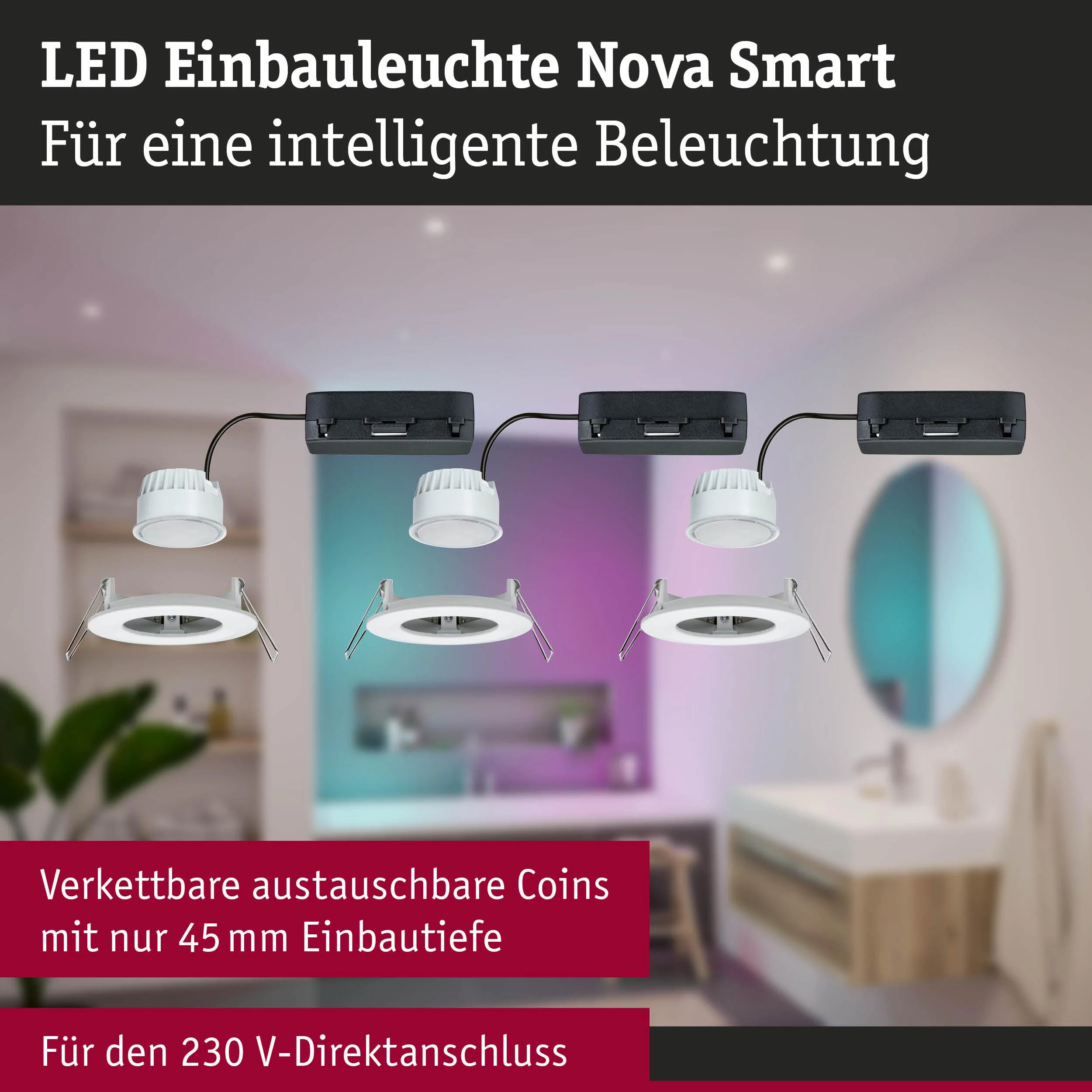 LED Einbauleuchte Nova Coin IP44 rund 78mm RGBW+ 3x6W 3x500lm 230V Weiß matt Aluminium - Image 5
