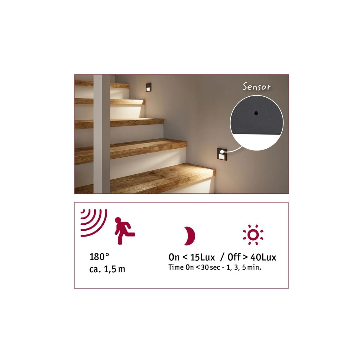 LED Wandeinbauleuchte Tsaro  eckig 80x36mm 1W 80lm 230V 2700K Schwarz matt mit Bewegungsmelder - Image 8
