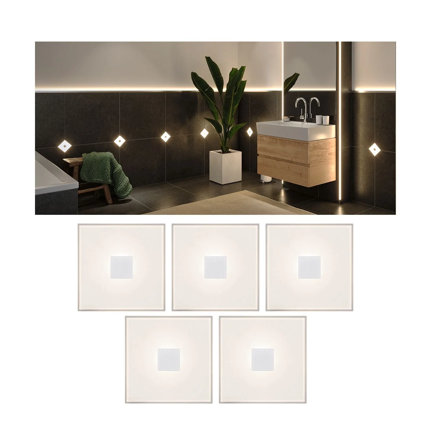 LumiTiles Square 5er-Set IP44 100x10mm 5x20lm 230/12V 5x0,8W 2700K Weiß Kunststoff/Aluminium