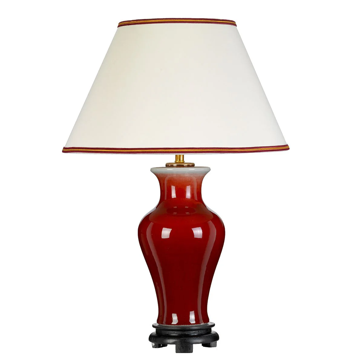 Majin 1-flammige Tischlampe mit hohem Empire-Schirm - Ochsenblut mit Creme mit burgunderfarbenem und goldenem Schirmrand