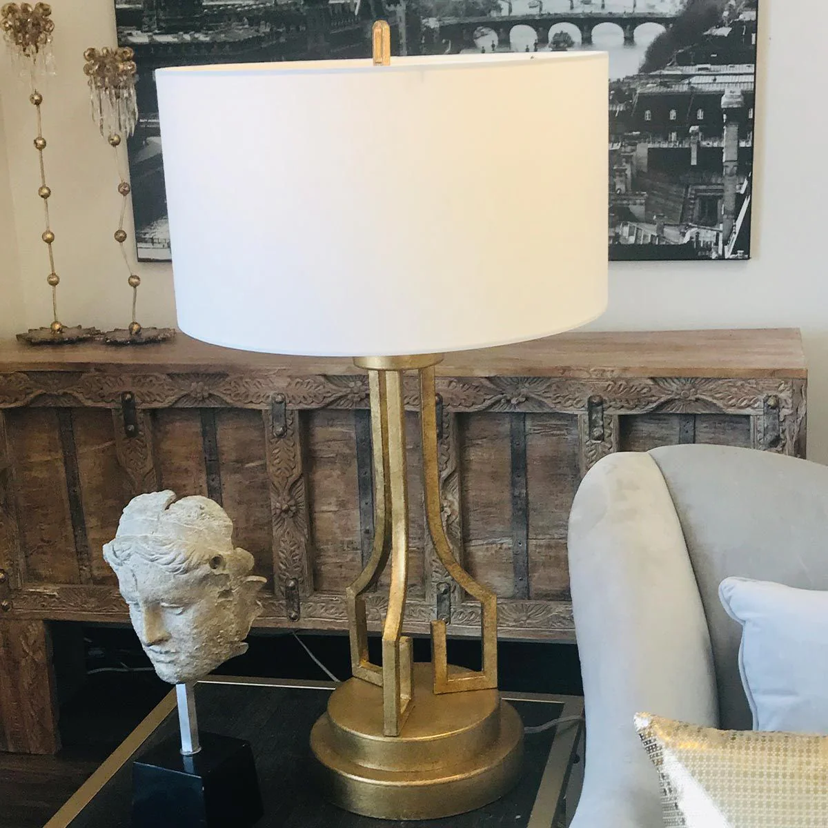 Tischlampe Lemuria mit 1 Licht, Antik-Gold mit elfenbeinweißem Schirm - Image 4